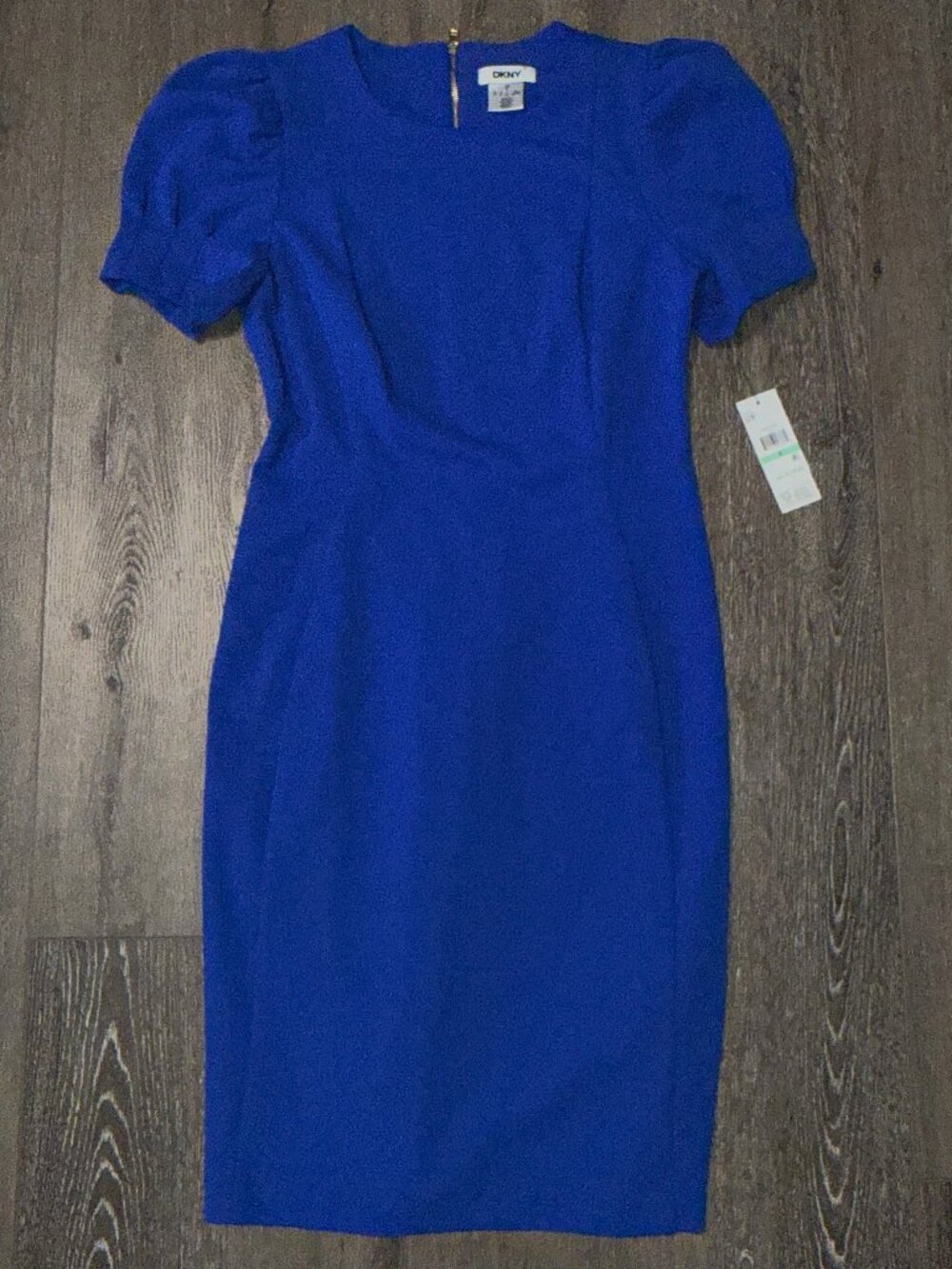 DKNY Women’s Blue Solid Sheath Midi Dress Puff Short Sleeve Zip SIZE 8 NWT NEW